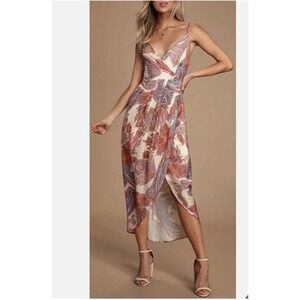 Lulus Janey Blush Paisley Midi Dress Spaghetti Straps‎ Size S Wedding Guest NEW